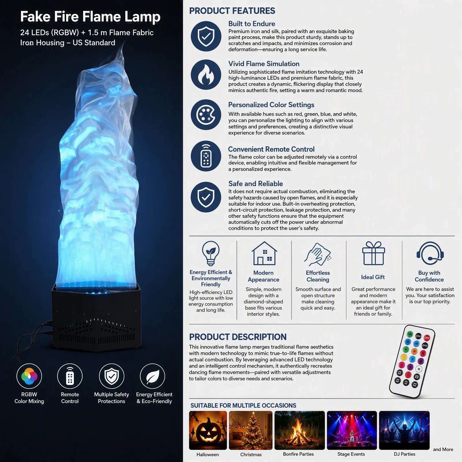Fake Fire Flame Light with Remote Control, Simulated Flame Atmosphere LED Lamp with 24 RGBW Beads & 1.5m Flame Cloth, Stage Party DJ Decorative Lighting Effect, Black