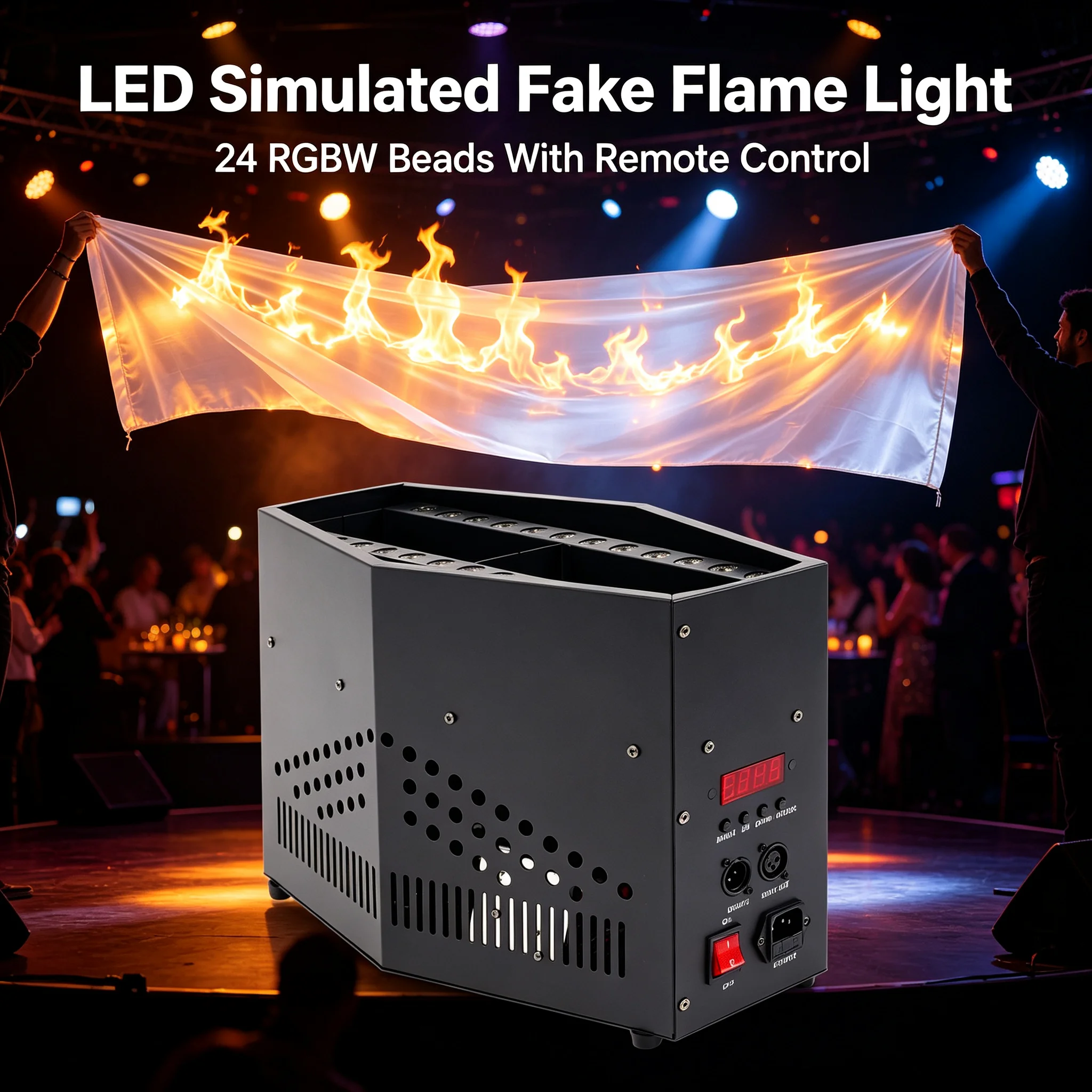 Fake Fire Flame Light with Remote Control, Simulated Flame Atmosphere LED Lamp with 24 RGBW Beads & 1.5m Flame Cloth, Stage Party DJ Decorative Lighting Effect, Black