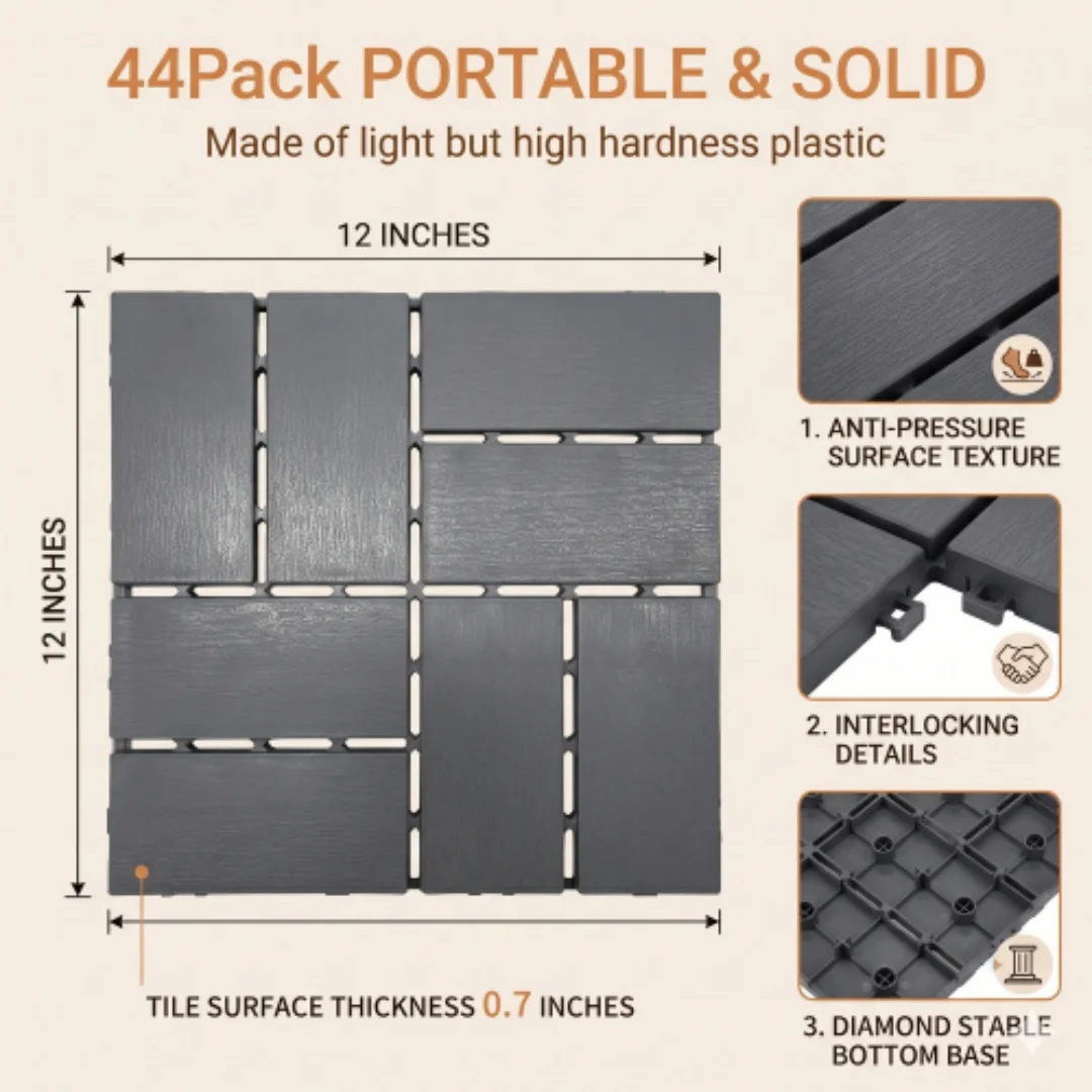 44 Pcs Interlocking Deck Tiles 12x12 Waterproof Outdoor Patio Flooring Non-Slip Plastic Snap Together Floor Mat for Backyard