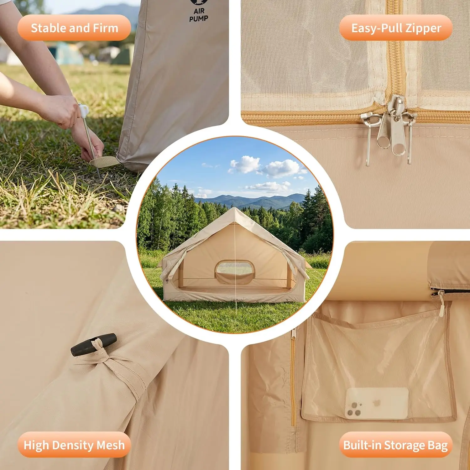 Inflatable Camping Tent 4 Person 4 Season Waterproof Family Air Tent with Hand Pump 5 Min Setup Stove Jack Mesh Windows Skylight 210D Oxford Fabric 63 Sq Ft Floor Portable for Hiking Fishing Beach Fall Winter