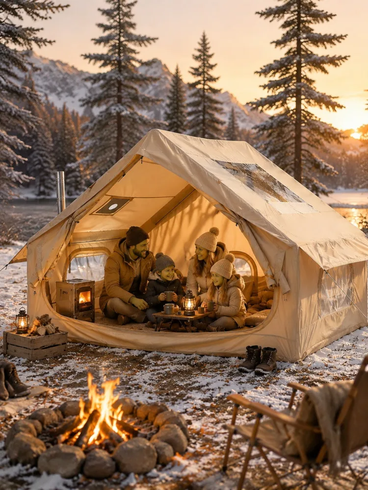 Inflatable Camping Tent 4 Person 4 Season Waterproof Family Air Tent with Hand Pump 5 Min Setup Stove Jack Mesh Windows Skylight 210D Oxford Fabric 63 Sq Ft Floor Portable for Hiking Fishing Beach Fall Winter