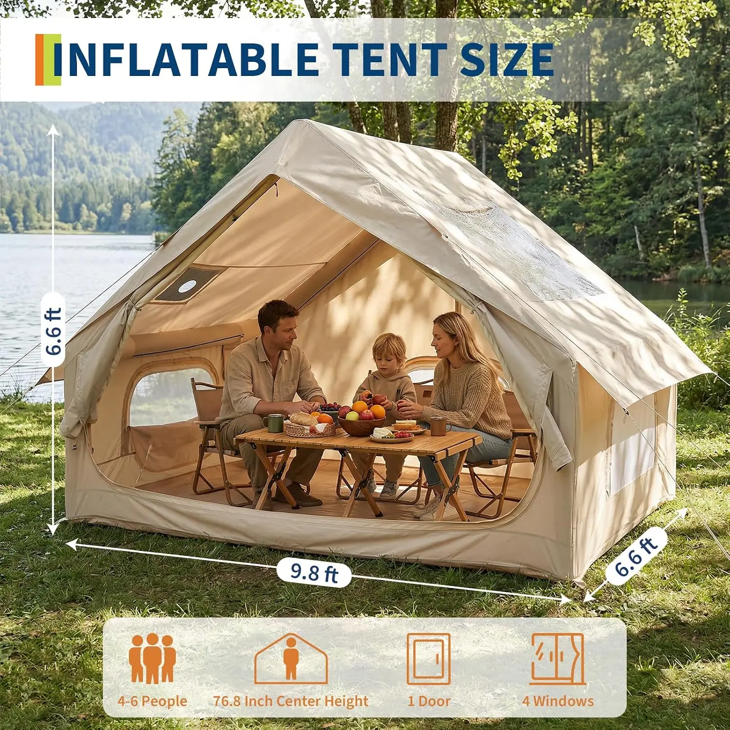 Inflatable Camping Tent 4 Person 4 Season Waterproof Family Air Tent with Hand Pump 5 Min Setup Stove Jack Mesh Windows Skylight 210D Oxford Fabric 63 Sq Ft Floor Portable for Hiking Fishing Beach Fall Winter