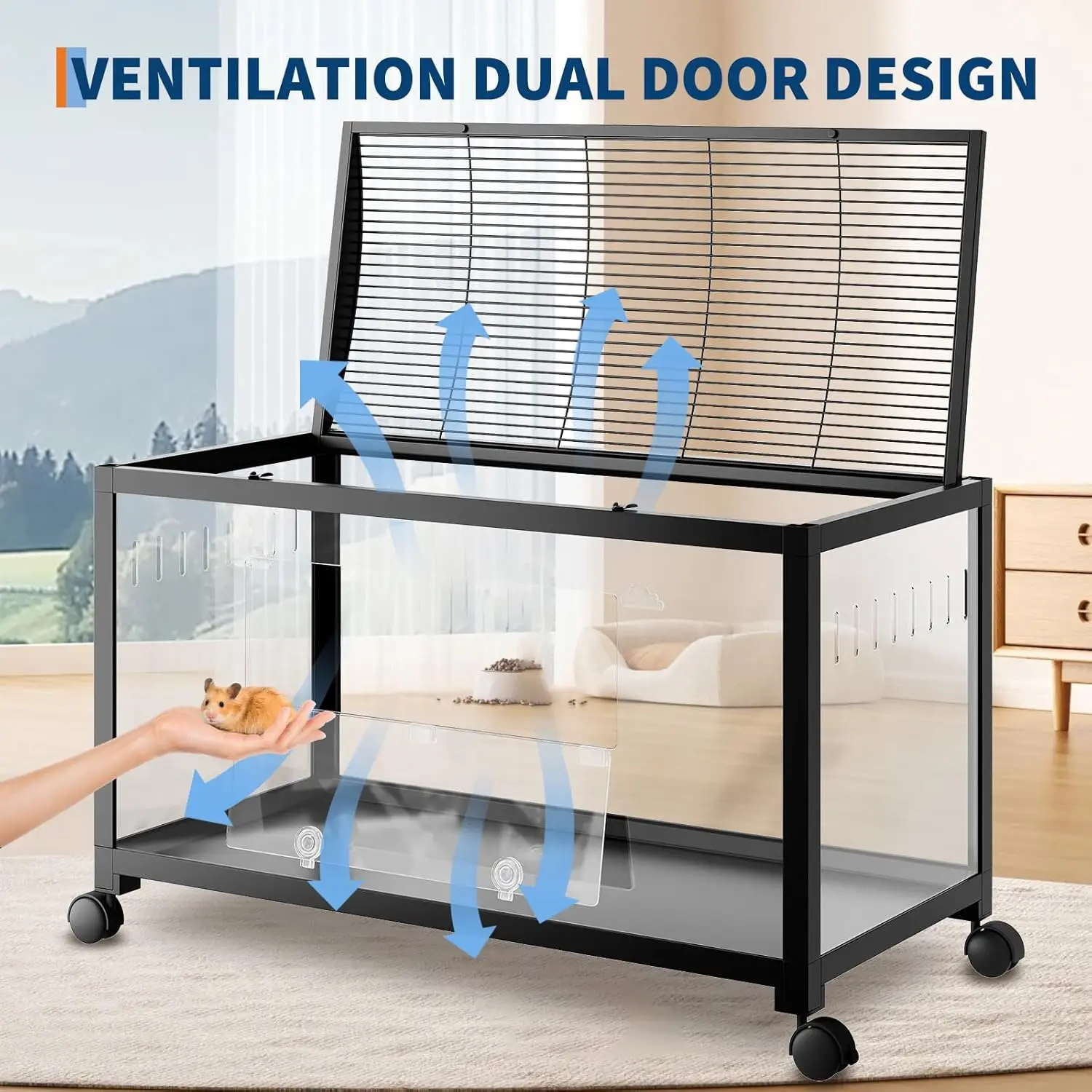 Large Hamster Cage, 3-Tier Gerbil Cages with Running Wheel, Water Bottle, Food Bowl, Ramps, Portable Hamster House with 7" Deep Glass Bottom for Syrian, Hamster, Gerbils (Metal Black)