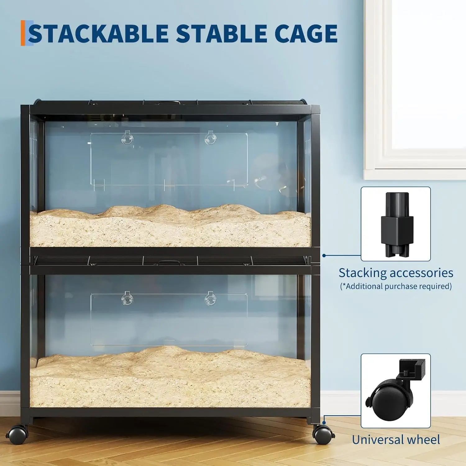 Large Hamster Cage, 3-Tier Gerbil Cages with Running Wheel, Water Bottle, Food Bowl, Ramps, Portable Hamster House with 7" Deep Glass Bottom for Syrian, Hamster, Gerbils (Metal Black)