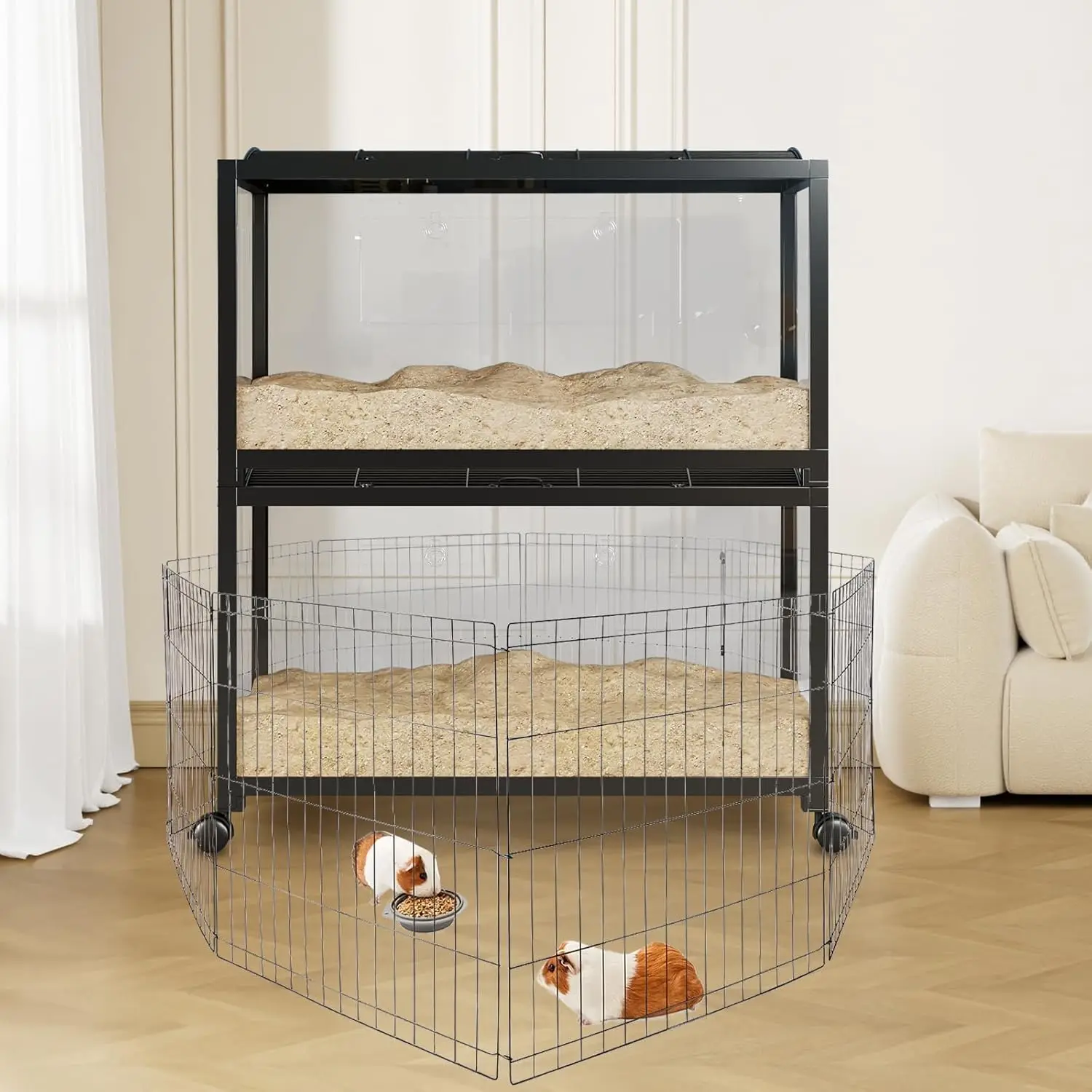 Large Hamster Cage, 3-Tier Gerbil Cages with Running Wheel, Water Bottle, Food Bowl, Ramps, Portable Hamster House with 7" Deep Glass Bottom for Syrian, Hamster, Gerbils (Metal Black)