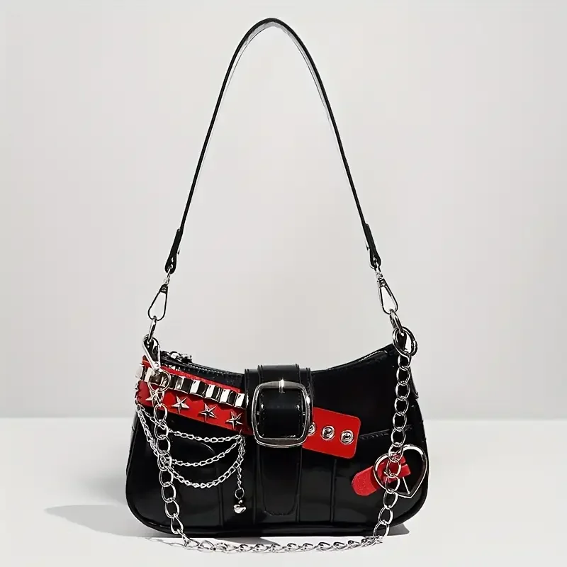 Y2K Punk Shoulder Bag For Women Retro Chain Rivet Underarm Handbag PU Leather Color‑block Sling Crossbody Bag Fashion Party Purse