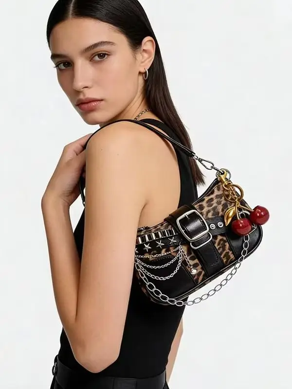 Y2K Punk Shoulder Bag For Women Retro Chain Rivet Underarm Handbag PU Leather Color‑block Sling Crossbody Bag Fashion Party Purse