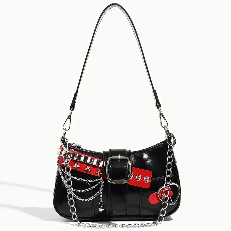 Y2K Punk Shoulder Bag For Women Retro Chain Rivet Underarm Handbag PU Leather Color‑block Sling Crossbody Bag Fashion Party Purse