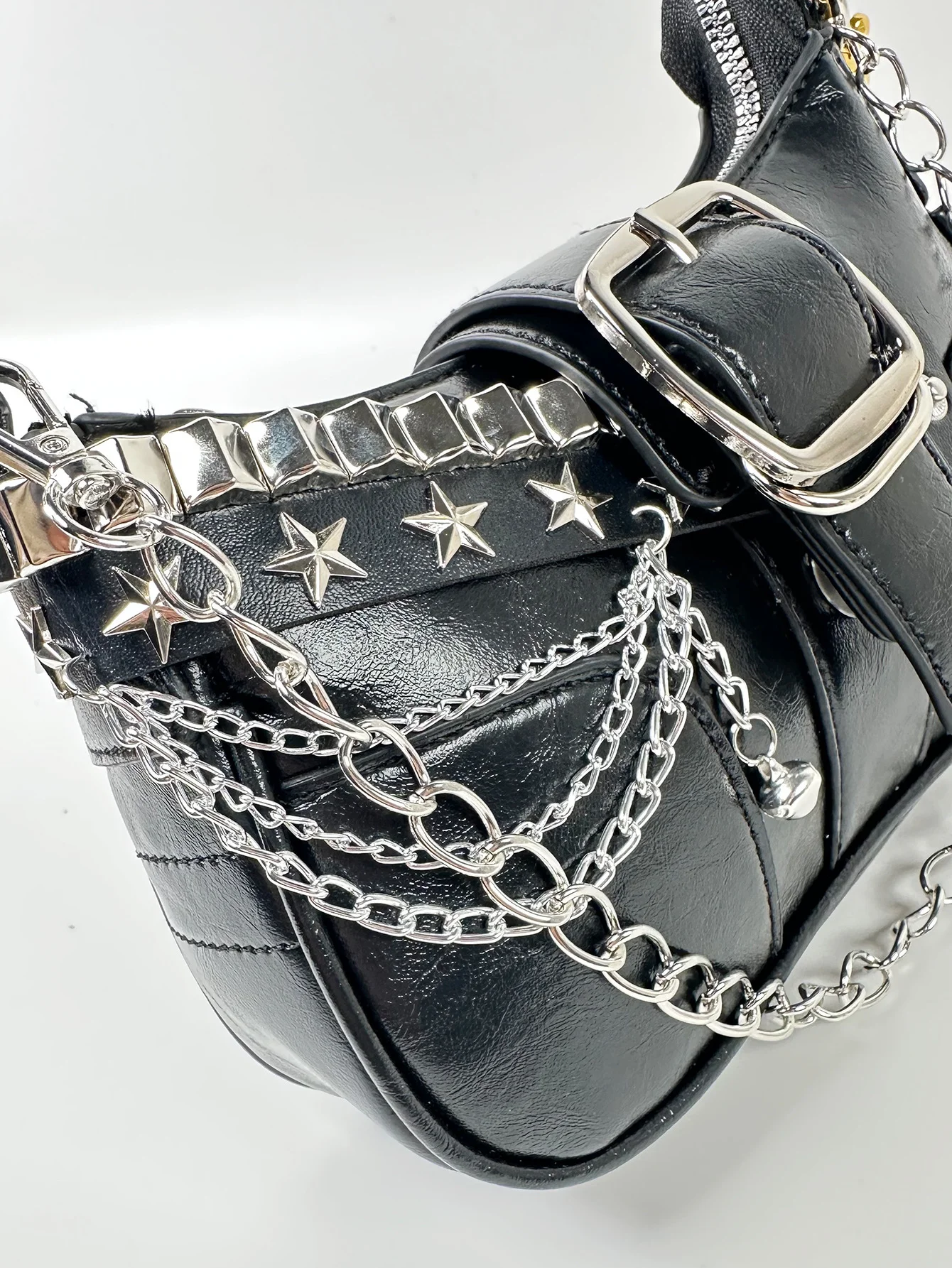 Y2K Punk Shoulder Bag For Women Retro Chain Rivet Underarm Handbag PU Leather Color‑block Sling Crossbody Bag Fashion Party Purse