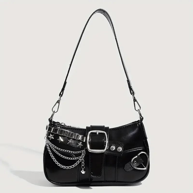 Y2K Punk Shoulder Bag For Women Retro Chain Rivet Underarm Handbag PU Leather Color‑block Sling Crossbody Bag Fashion Party Purse