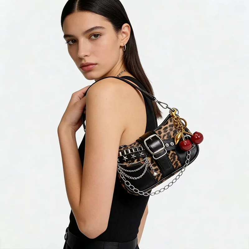 Y2K Punk Shoulder Bag For Women Retro Chain Rivet Underarm Handbag PU Leather Color‑block Sling Crossbody Bag Fashion Party Purse