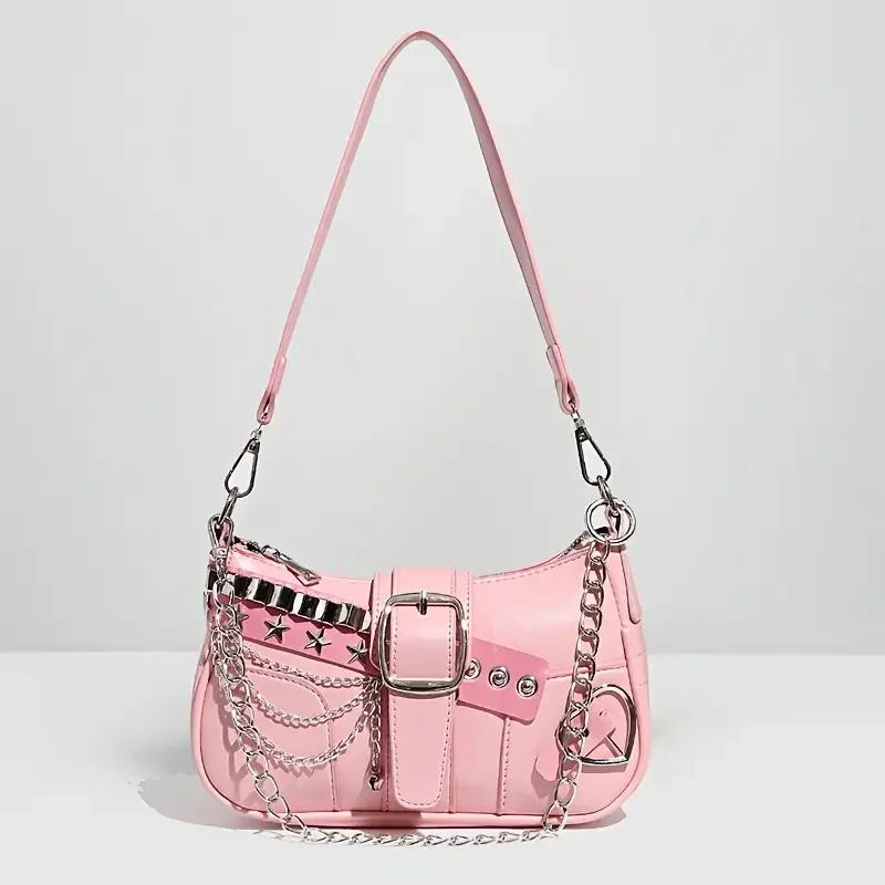 Y2K Punk Shoulder Bag For Women Retro Chain Rivet Underarm Handbag PU Leather Color‑block Sling Crossbody Bag Fashion Party Purse