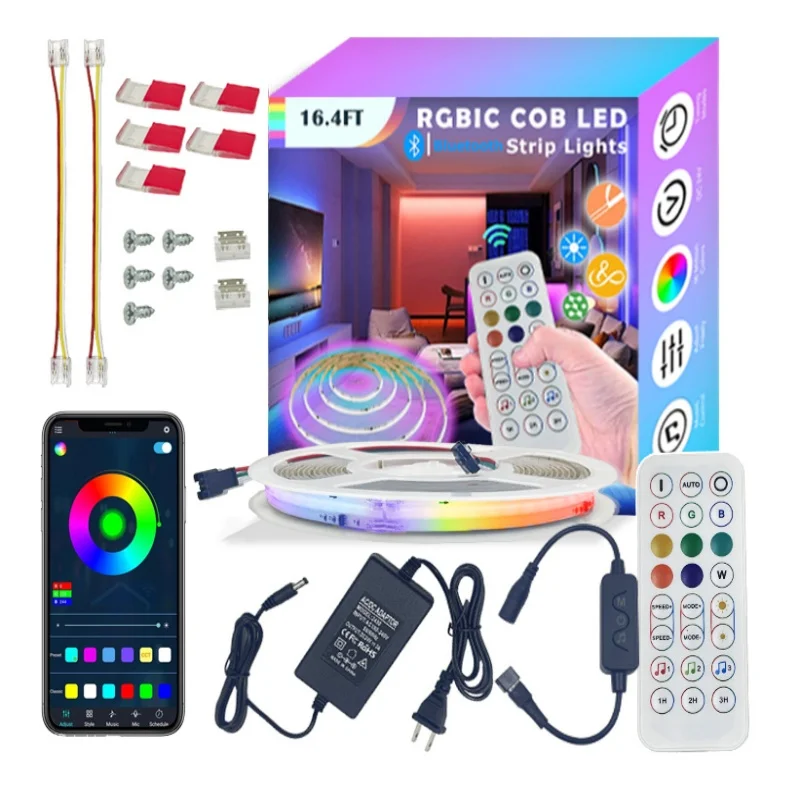 ETL Listed 16.4ft/5m 24V DC RGBIC COB LED Strip Lights with App Control DIY Multiple Colors on One Line Color Changing for Home Party Gaming Room Decor(Power Supply Included)