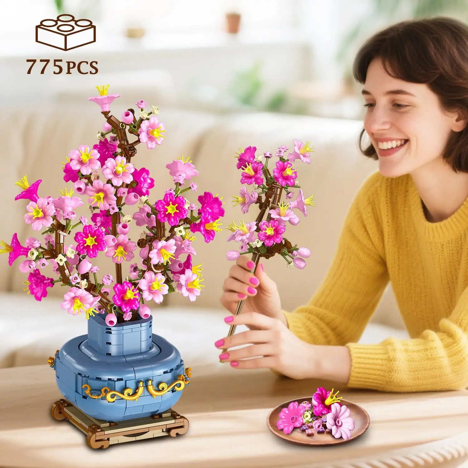 HOGOKIDS Flower Cherry Blossom Building Set 2 in 1 Bonsai Tree for Kids 8+ Artificial Botanicals Building Blocks Home Office Decor 775PCS Flowers Plants Birthday Christmas Gift for Adults Teens Girls