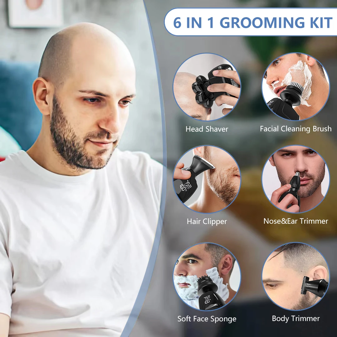 Head Shavers for Bald Men,6-in-1 Upgraded Electric Razor,IPX7 Waterproof Shaving Grooming Kit,Hair Clipper,Wet & Dry, IPX7 Waterproof, Beard and Nose Hair Trimmer Care Kit