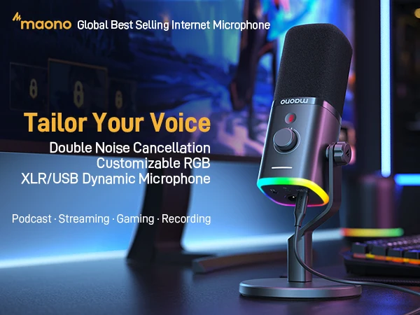 MAONO PD100X Dynamic Microphone. Software Noise Reduction Included. RGB Gaming Mic. Enhances Gaming Experience. Ideal for Record