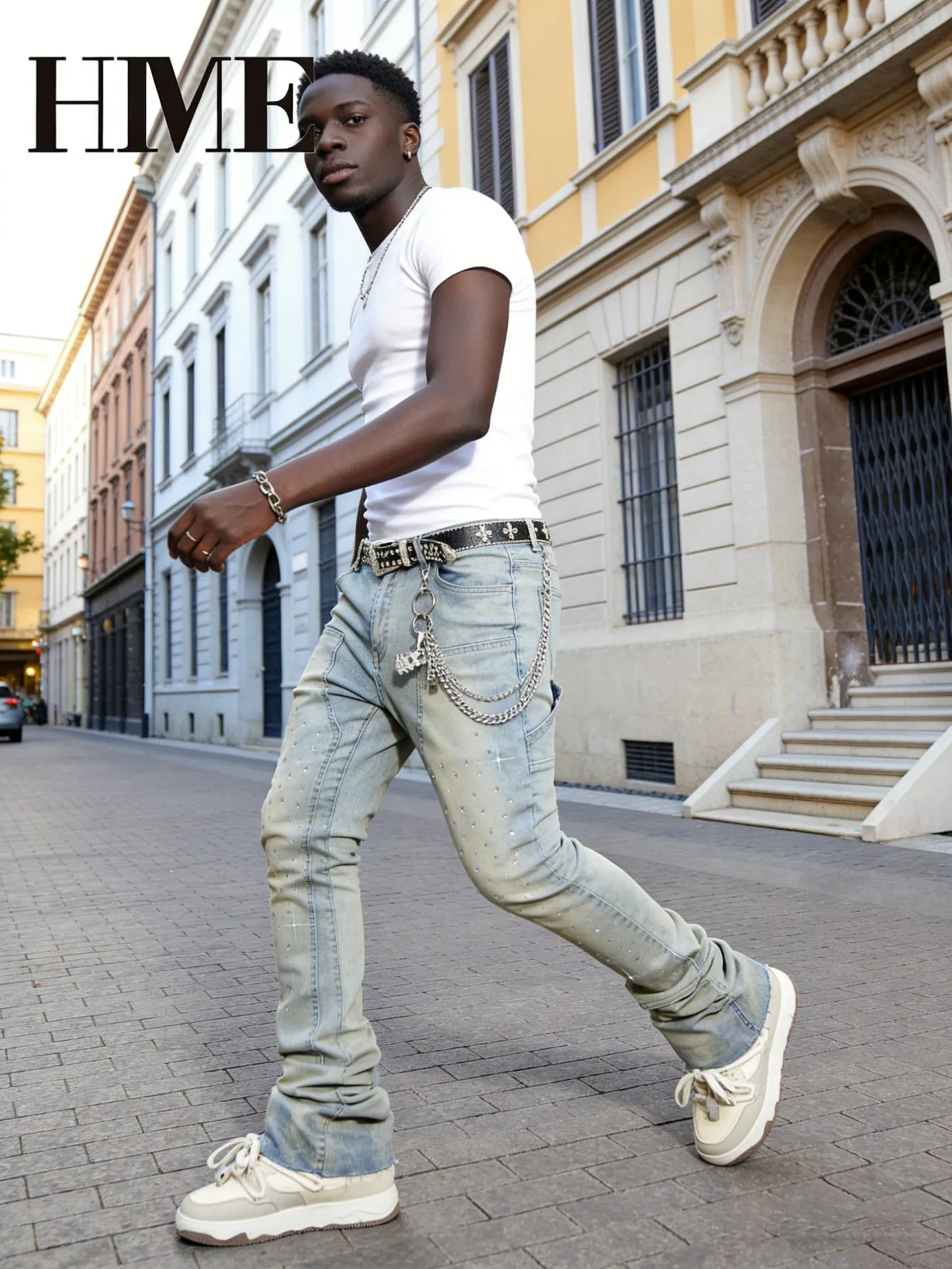 【HME】Men's Jeans | Rhinestone Embellished Stacked Flare Denim Pants for Men, Light vintage Washed Denim Trousers with Full-Body Hot-Fix Rhinestones, Contrast Stitching, Multi-Pocket Construction Fashion Streetwear Men Pants