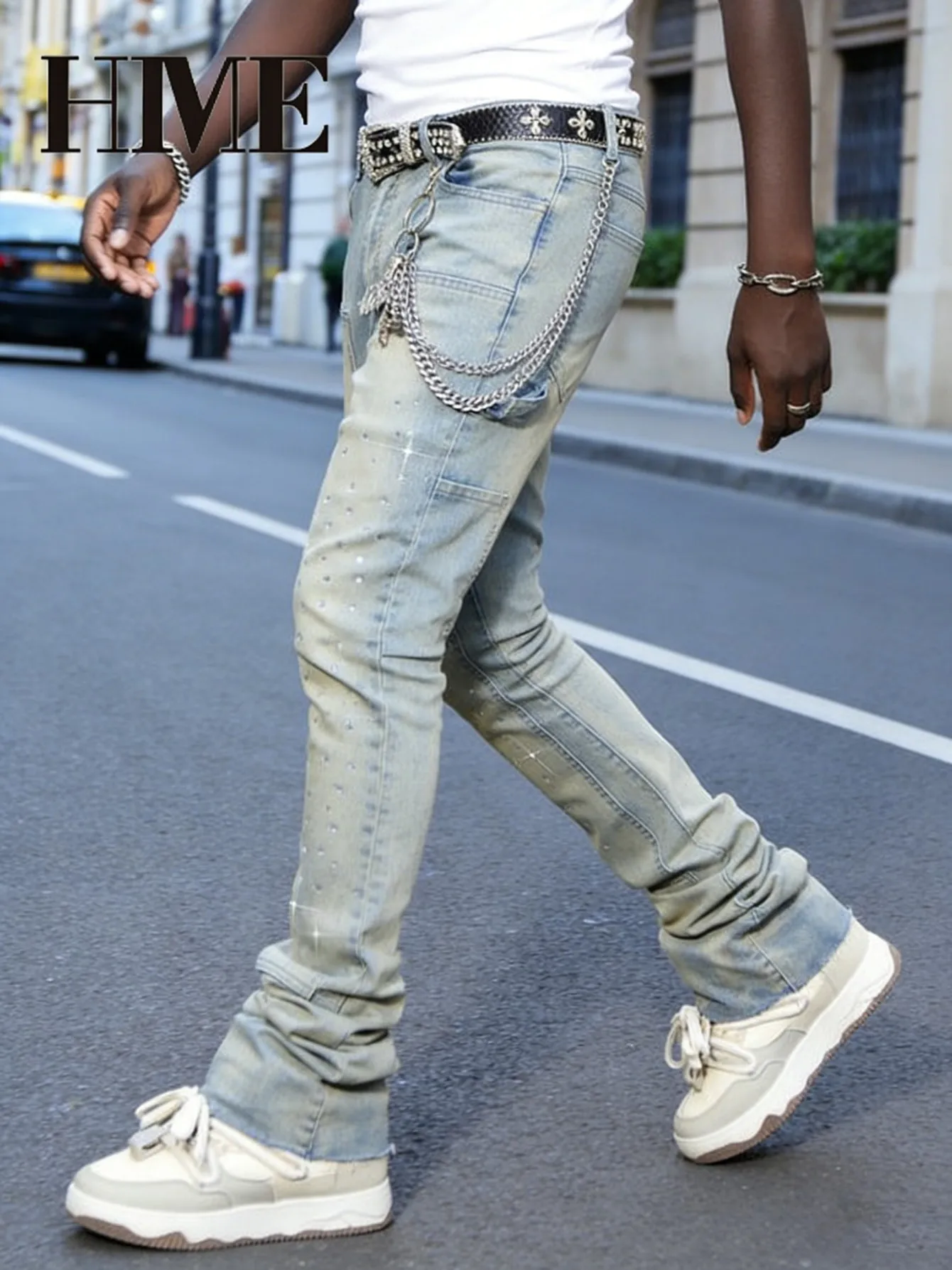【HME】Men's Jeans | Rhinestone Embellished Stacked Flare Denim Pants for Men, Light vintage Washed Denim Trousers with Full-Body Hot-Fix Rhinestones, Contrast Stitching, Multi-Pocket Construction Fashion Streetwear Men Pants