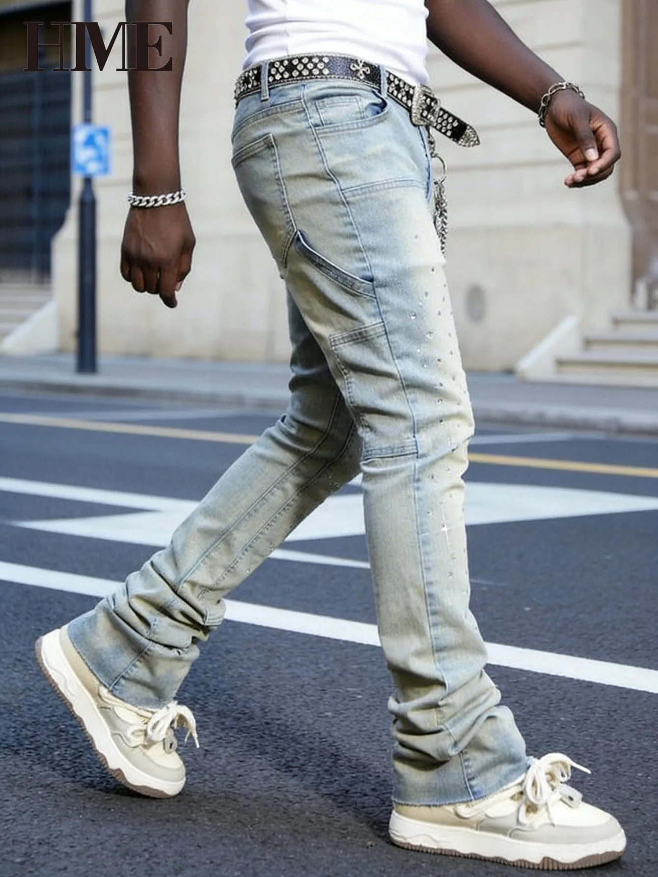 【HME】Men's Jeans | Rhinestone Embellished Stacked Flare Denim Pants for Men, Light vintage Washed Denim Trousers with Full-Body Hot-Fix Rhinestones, Contrast Stitching, Multi-Pocket Construction Fashion Streetwear Men Pants