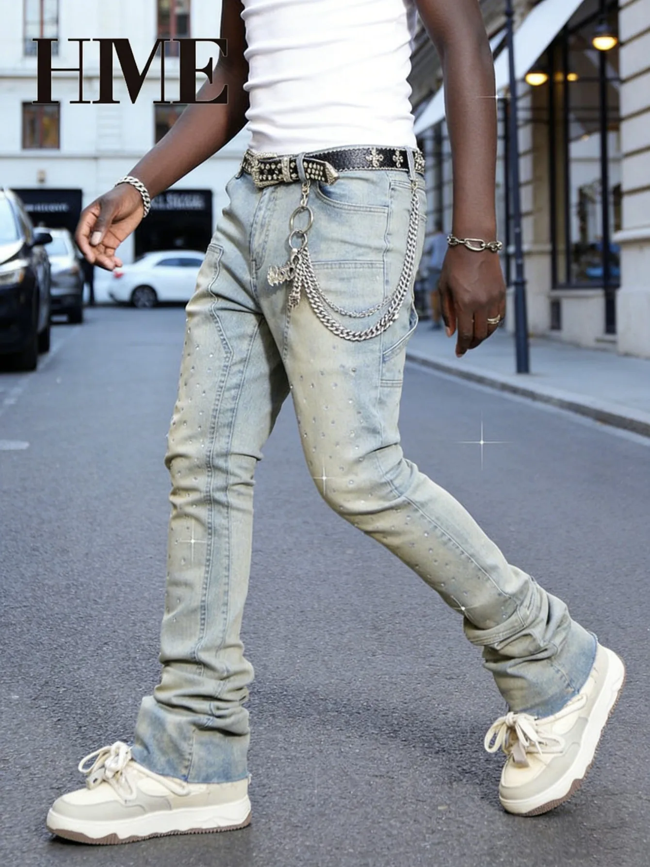 【HME】Men's Jeans | Rhinestone Embellished Stacked Flare Denim Pants for Men, Light vintage Washed Denim Trousers with Full-Body Hot-Fix Rhinestones, Contrast Stitching, Multi-Pocket Construction Fashion Streetwear Men Pants