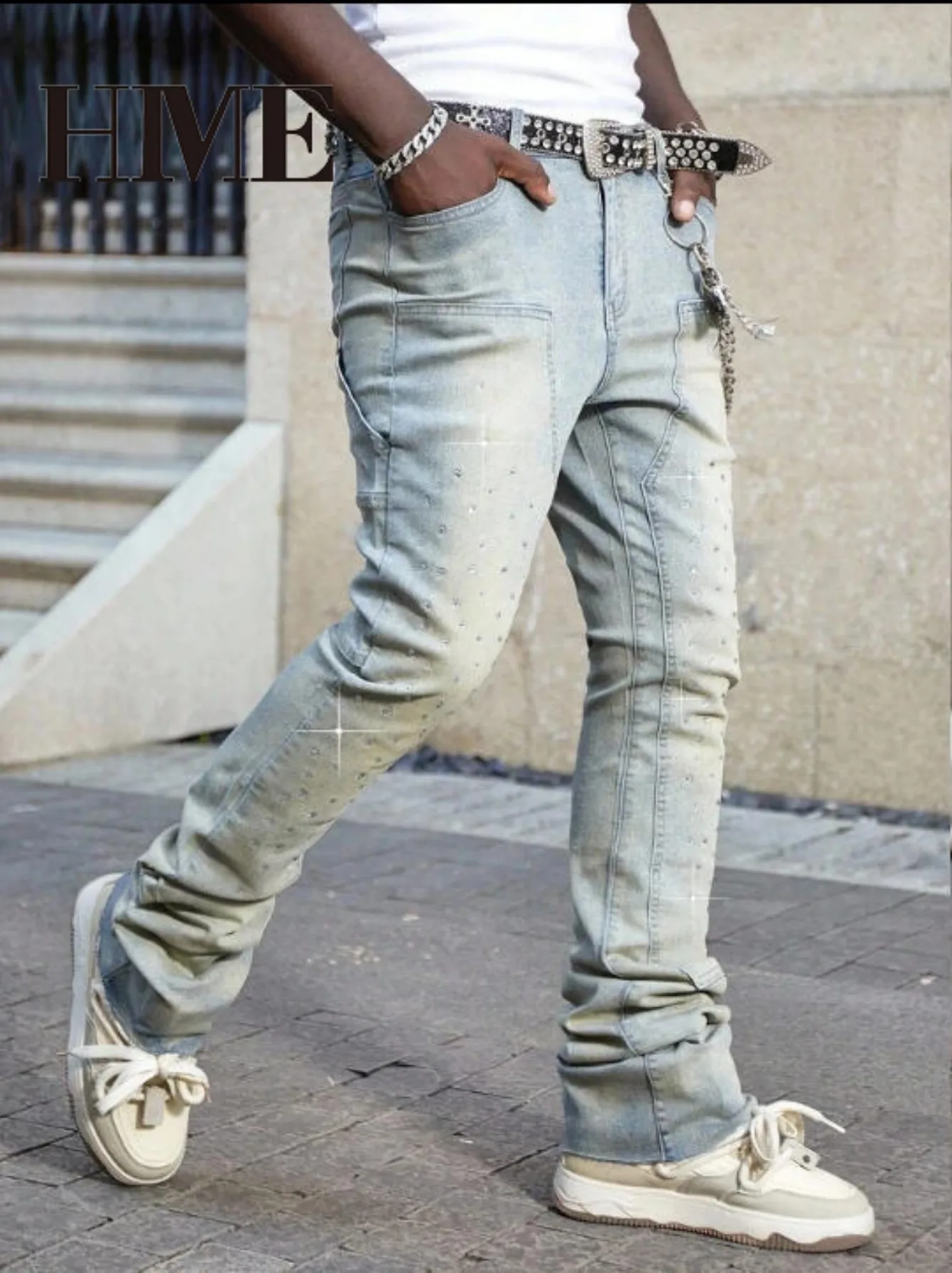 【HME】Men's Jeans | Rhinestone Embellished Stacked Flare Denim Pants for Men, Light vintage Washed Denim Trousers with Full-Body Hot-Fix Rhinestones, Contrast Stitching, Multi-Pocket Construction Fashion Streetwear Men Pants