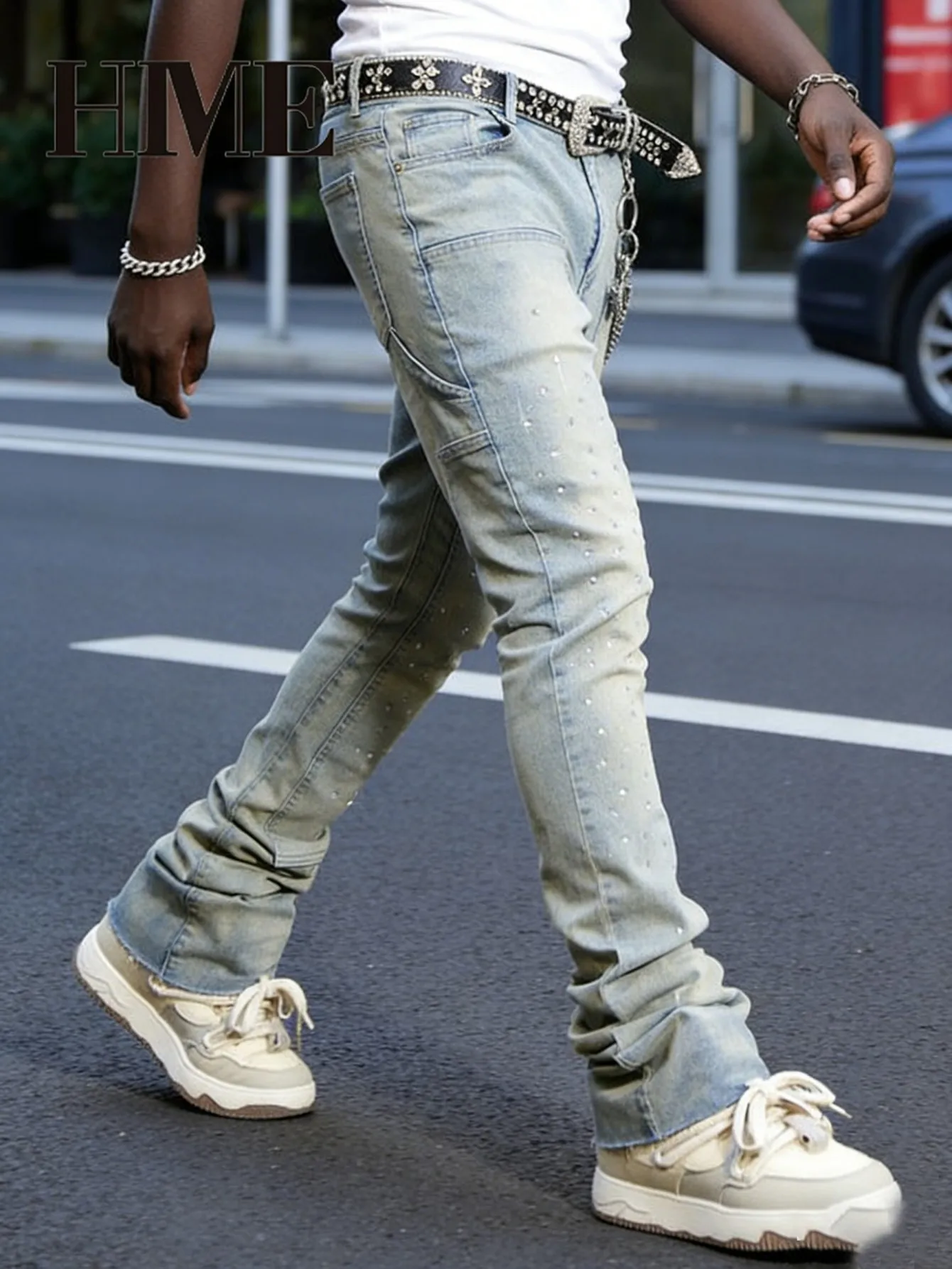 【HME】Men's Jeans | Rhinestone Embellished Stacked Flare Denim Pants for Men, Light vintage Washed Denim Trousers with Full-Body Hot-Fix Rhinestones, Contrast Stitching, Multi-Pocket Construction Fashion Streetwear Men Pants