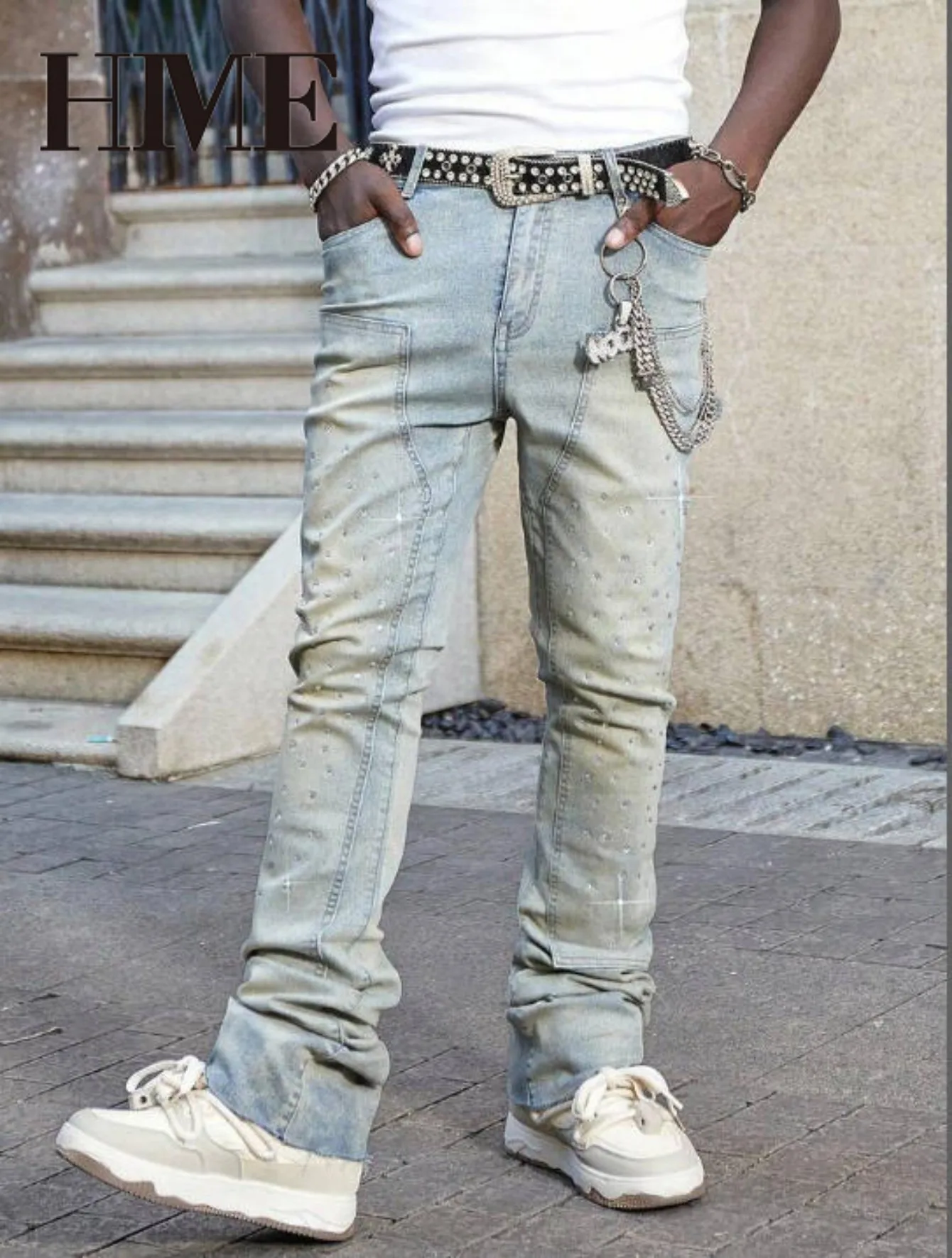 【HME】Men's Jeans | Rhinestone Embellished Stacked Flare Denim Pants for Men, Light vintage Washed Denim Trousers with Full-Body Hot-Fix Rhinestones, Contrast Stitching, Multi-Pocket Construction Fashion Streetwear Men Pants