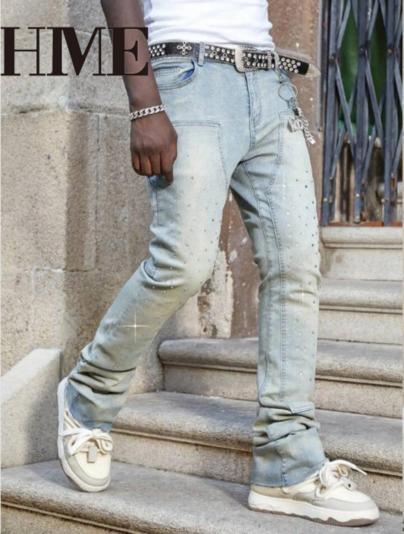 【HME】Men's Jeans | Rhinestone Embellished Stacked Flare Denim Pants for Men, Light vintage Washed Denim Trousers with Full-Body Hot-Fix Rhinestones, Contrast Stitching, Multi-Pocket Construction Fashion Streetwear Men Pants
