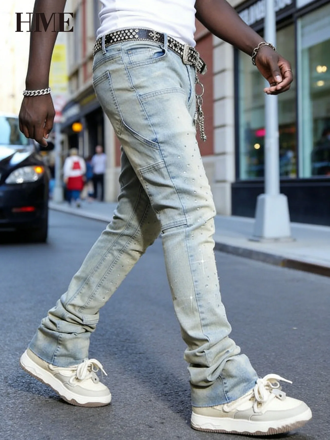 【HME】Men's Jeans | Rhinestone Embellished Stacked Flare Denim Pants for Men, Light vintage Washed Denim Trousers with Full-Body Hot-Fix Rhinestones, Contrast Stitching, Multi-Pocket Construction Fashion Streetwear Men Pants