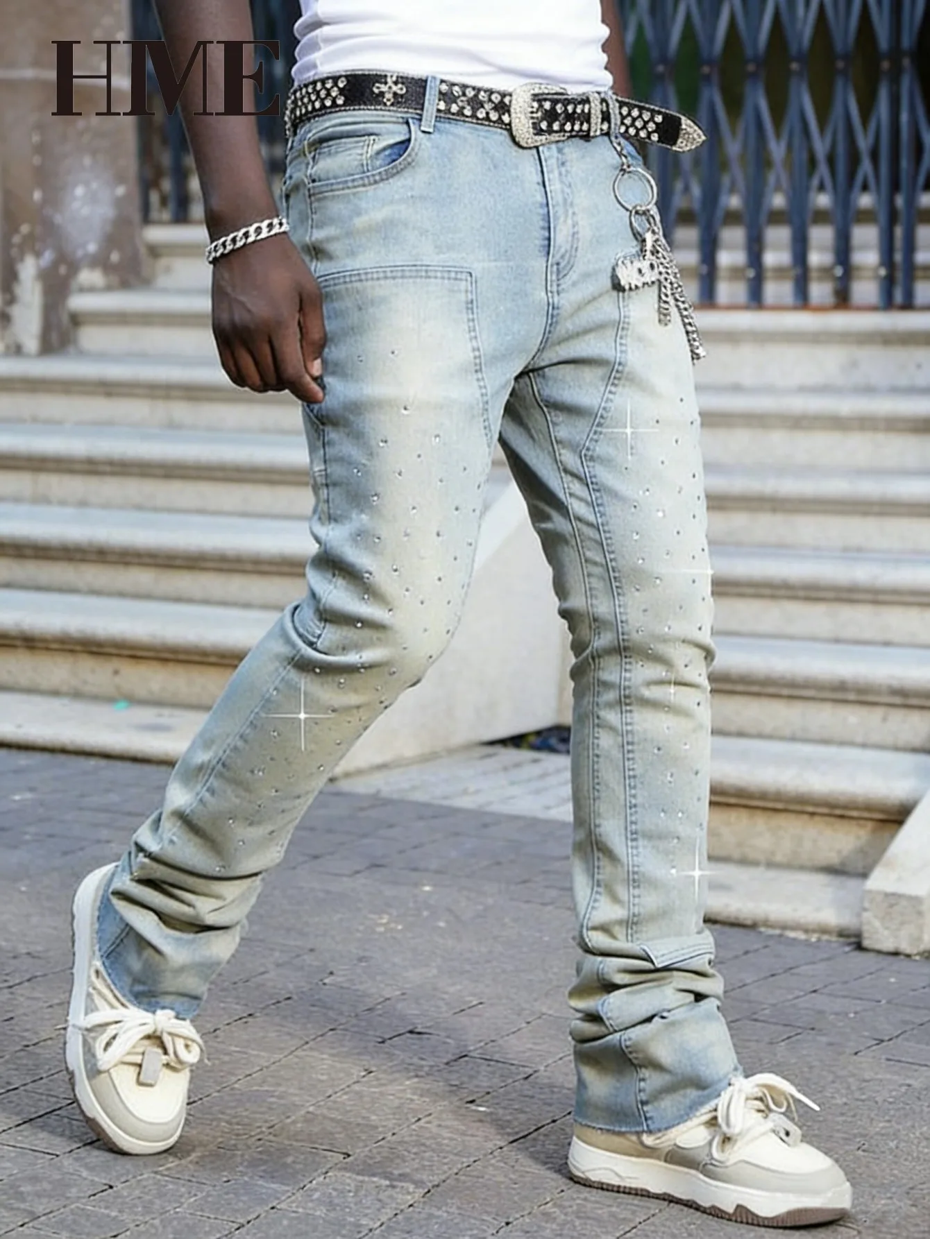 【HME】Men's Jeans | Rhinestone Embellished Stacked Flare Denim Pants for Men, Light vintage Washed Denim Trousers with Full-Body Hot-Fix Rhinestones, Contrast Stitching, Multi-Pocket Construction Fashion Streetwear Men Pants