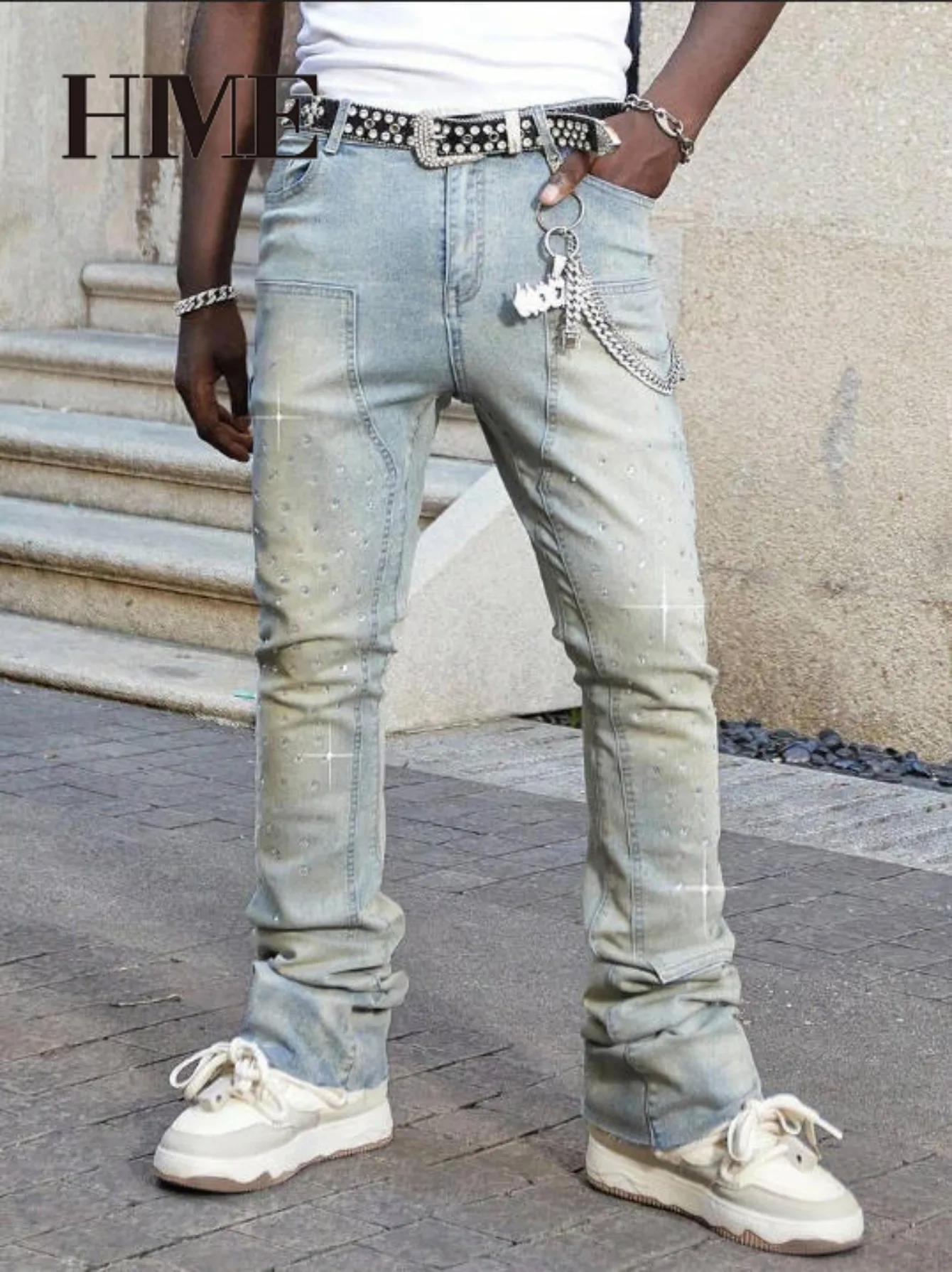 【HME】Men's Jeans | Rhinestone Embellished Stacked Flare Denim Pants for Men, Light vintage Washed Denim Trousers with Full-Body Hot-Fix Rhinestones, Contrast Stitching, Multi-Pocket Construction Fashion Streetwear Men Pants