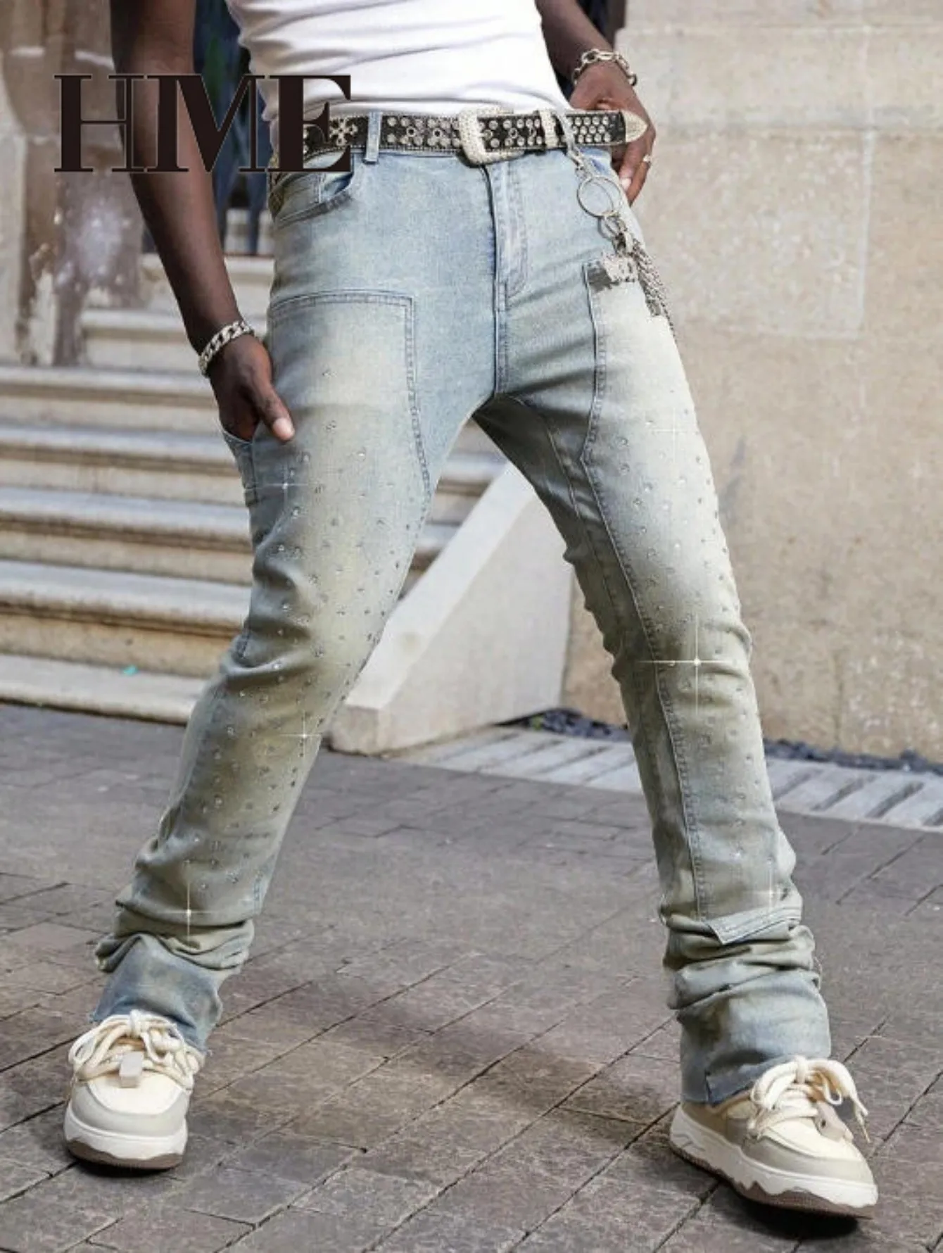 【HME】Men's Jeans | Rhinestone Embellished Stacked Flare Denim Pants for Men, Light vintage Washed Denim Trousers with Full-Body Hot-Fix Rhinestones, Contrast Stitching, Multi-Pocket Construction Fashion Streetwear Men Pants