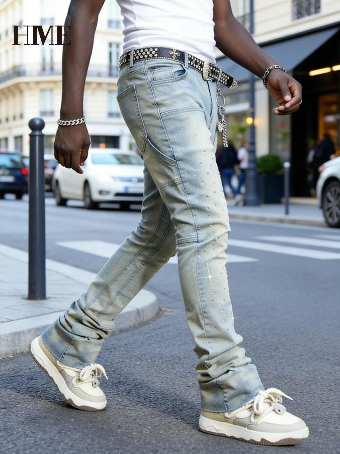 【HME】Men's Jeans | Rhinestone Embellished Stacked Flare Denim Pants for Men, Light vintage Washed Denim Trousers with Full-Body Hot-Fix Rhinestones, Contrast Stitching, Multi-Pocket Construction Fashion Streetwear Men Pants