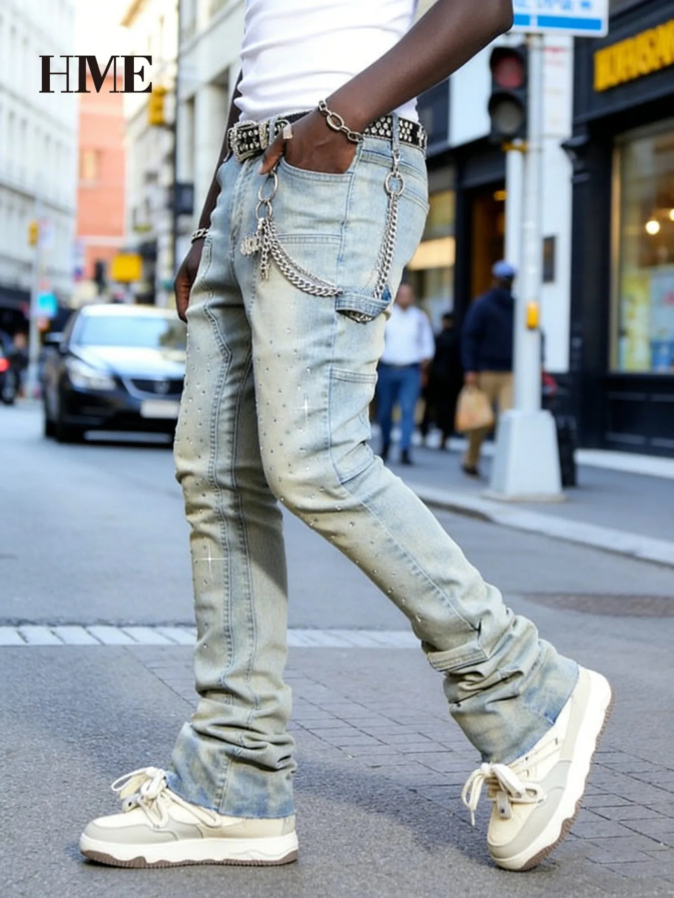 【HME】Men's Jeans | Rhinestone Embellished Stacked Flare Denim Pants for Men, Light vintage Washed Denim Trousers with Full-Body Hot-Fix Rhinestones, Contrast Stitching, Multi-Pocket Construction Fashion Streetwear Men Pants