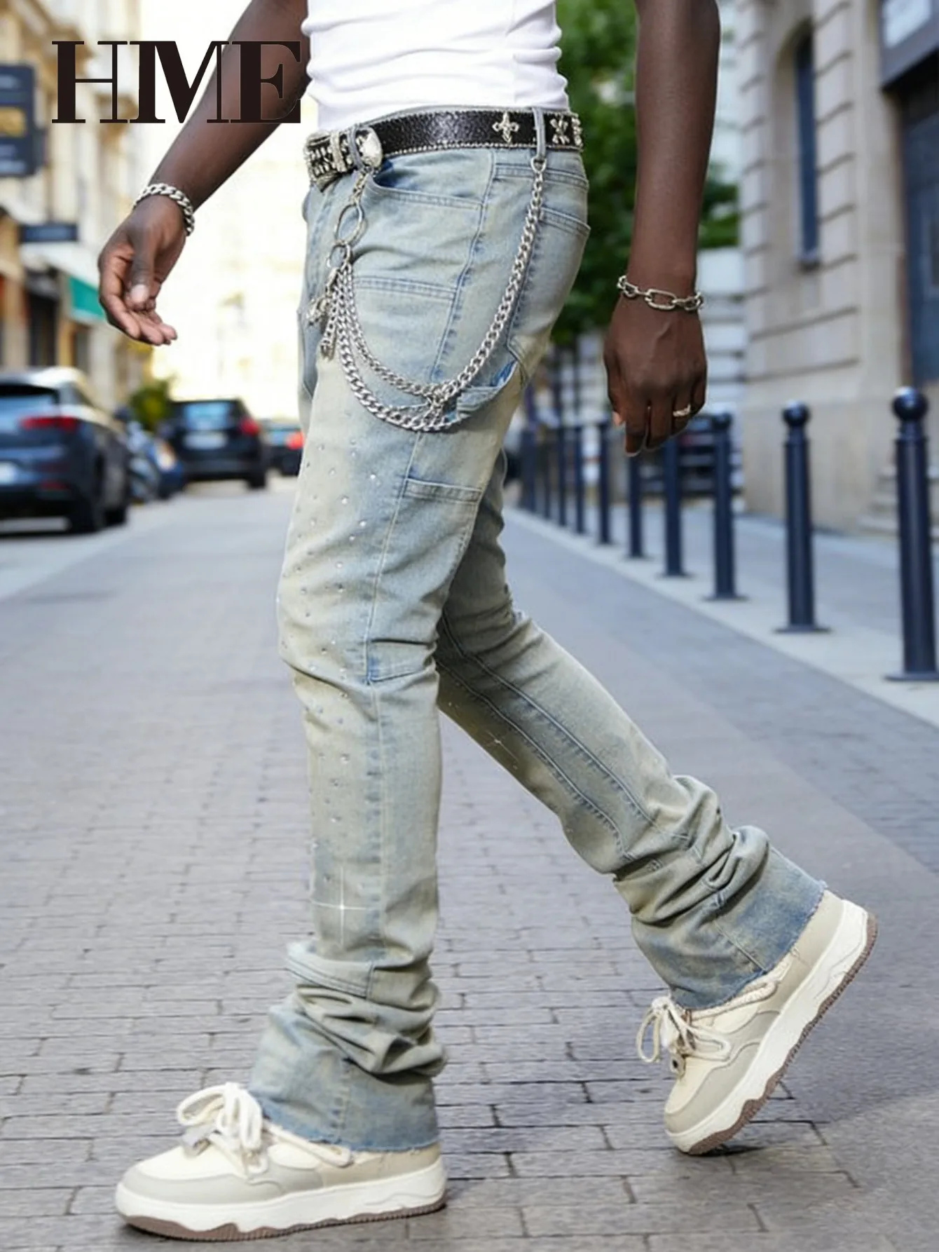 【HME】Men's Jeans | Rhinestone Embellished Stacked Flare Denim Pants for Men, Light vintage Washed Denim Trousers with Full-Body Hot-Fix Rhinestones, Contrast Stitching, Multi-Pocket Construction Fashion Streetwear Men Pants