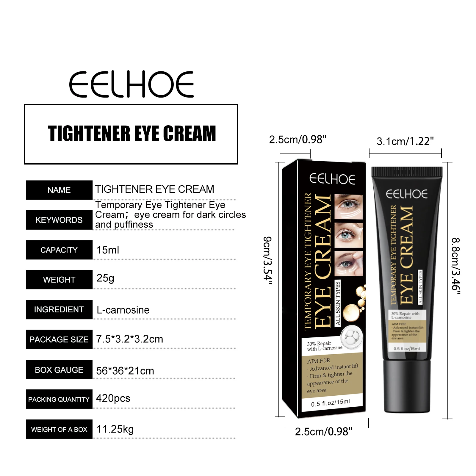 3PCS Instant Wrinkle Eye Cream Tightening,30% L-Carnosine Powerful Anti Glycation&Antioxidant&Instant Physics Lifting Effect,High Occlusion Lock In Moisture, Smooth Dry&Fine Lines,Fast De Puffing for Puffy Eyes&Removing Dark Circles