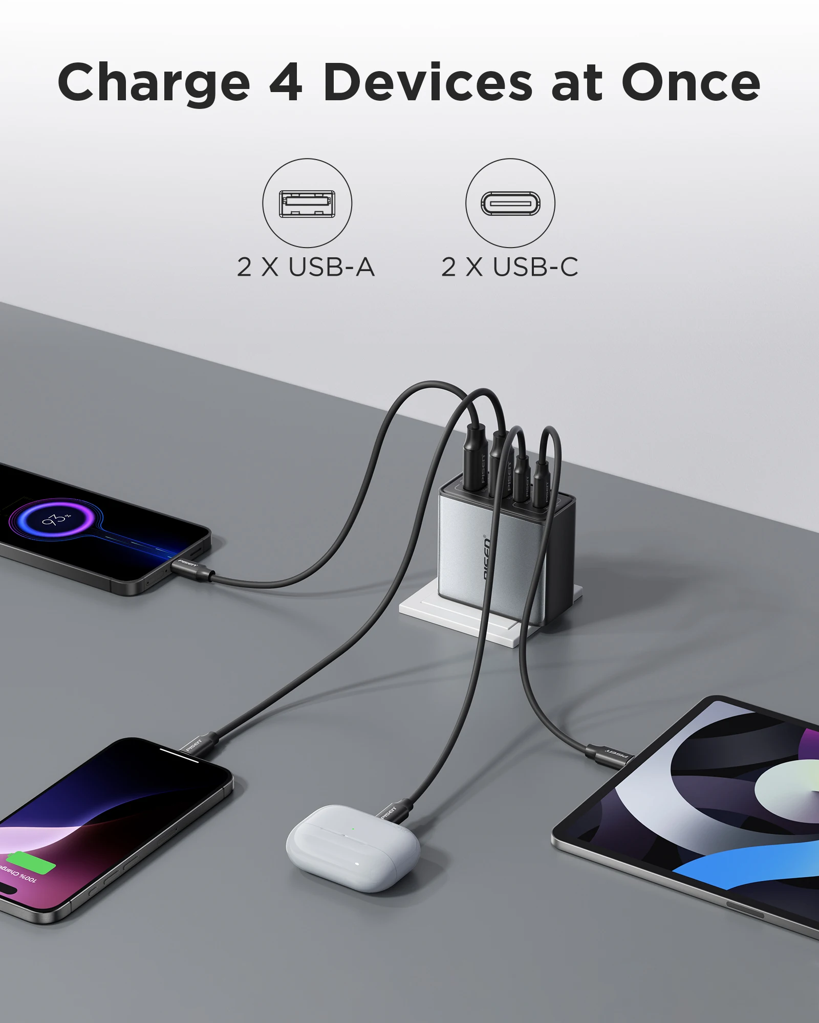 PISEN 65W GaN Charger Type C PD Charger 4-Port USB-A/C Charger PD3.0 QC4.0 PPS Portable Fast Charger For IPhone/ Laptop/ Samsung