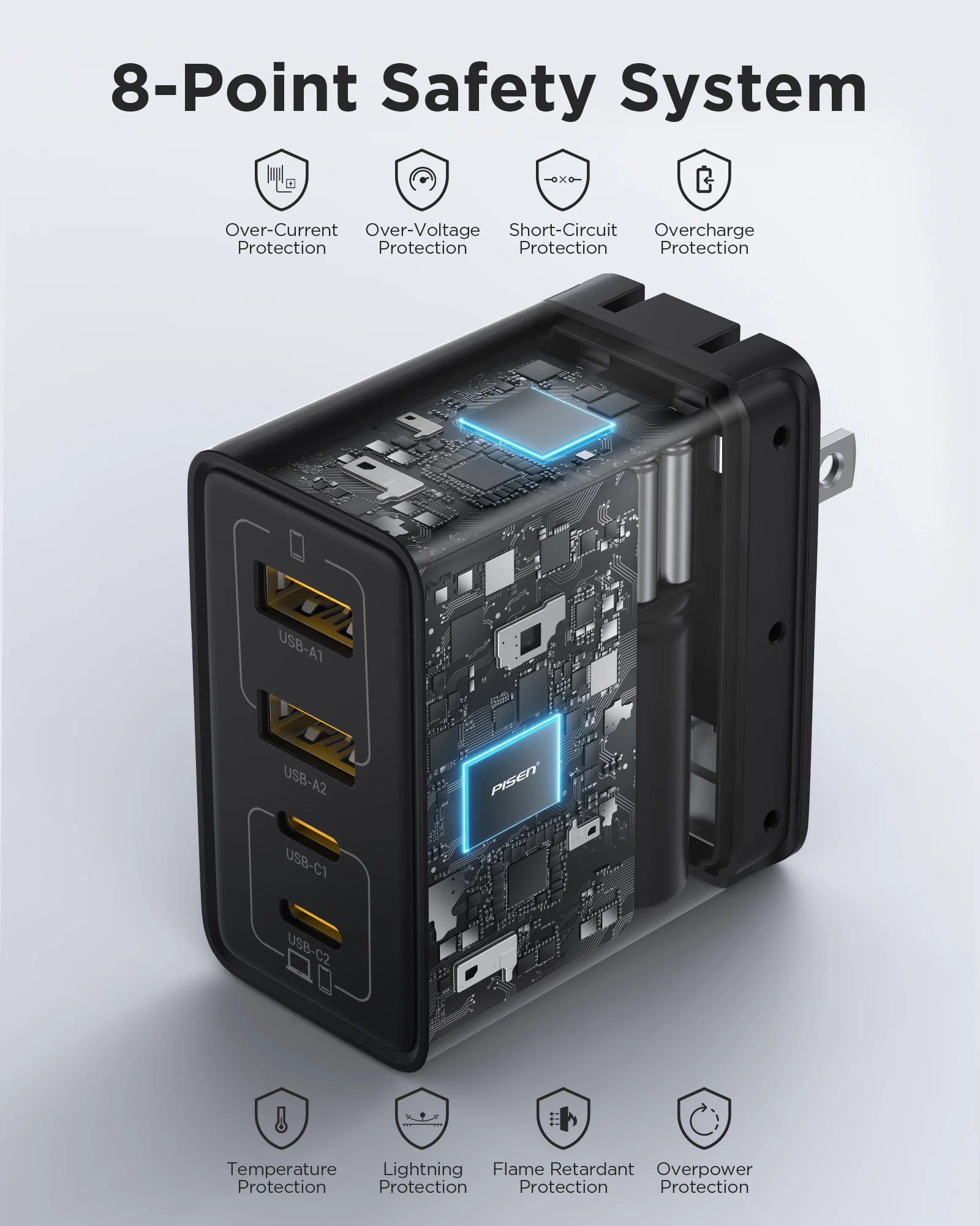 PISEN 65W GaN Charger Type C PD Charger 4-Port USB-A/C Charger PD3.0 QC4.0 PPS Portable Fast Charger For IPhone/ Laptop/ Samsung