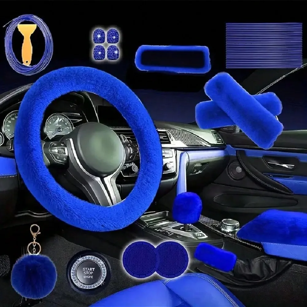37 Piece Luxury Car Parts Set - Premium Polyester Interior Kit With Goddess Plush Pendant, Universal Steering Wheel Cover, Handbrake Gear Cover, Coasters, Decorative Lines, Etc. - Enhancing Your Vehicle Style And Comforthicles Style And Comfort