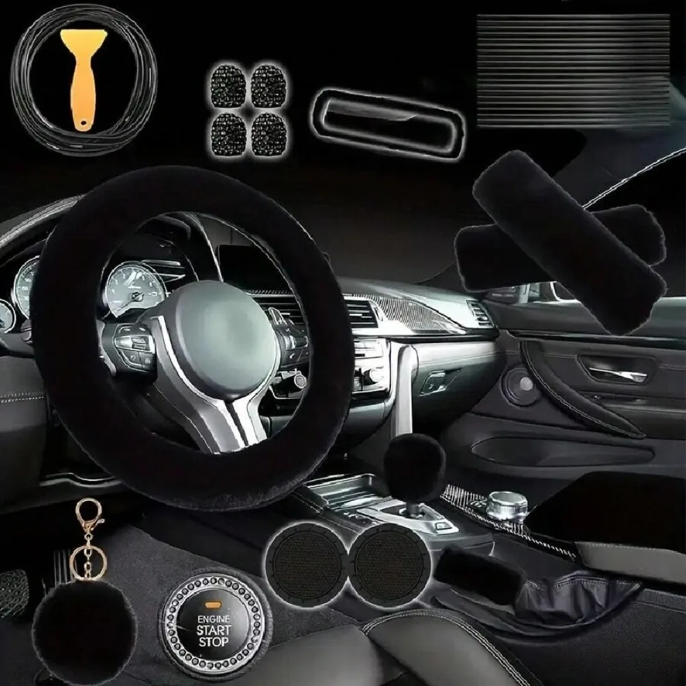 37 Piece Luxury Car Parts Set - Premium Polyester Interior Kit With Goddess Plush Pendant, Universal Steering Wheel Cover, Handbrake Gear Cover, Coasters, Decorative Lines, Etc. - Enhancing Your Vehicle Style And Comforthicles Style And Comfort