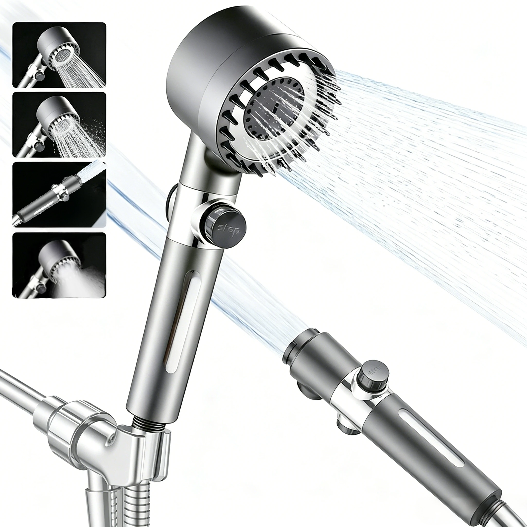 4-Setting Adjustable High-Pressure Handheld Shower Set—Featuring a Water-Saving Design and ABS Construction; Offers Adjustable Spray Modes and Easy-To-Clean Nozzles; Suitable for Bathrooms.