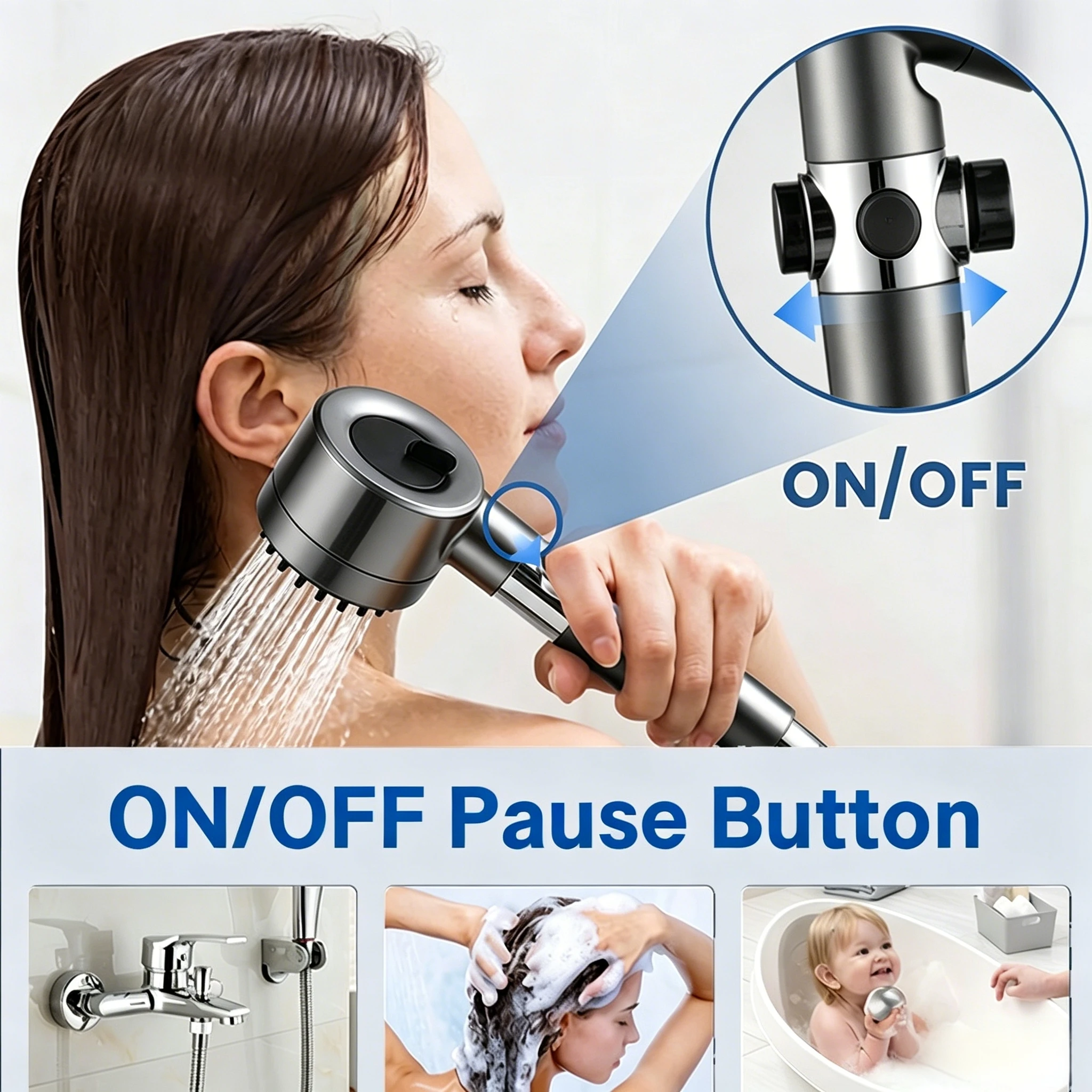 4-Setting Adjustable High-Pressure Handheld Shower Set—Featuring a Water-Saving Design and ABS Construction; Offers Adjustable Spray Modes and Easy-To-Clean Nozzles; Suitable for Bathrooms.