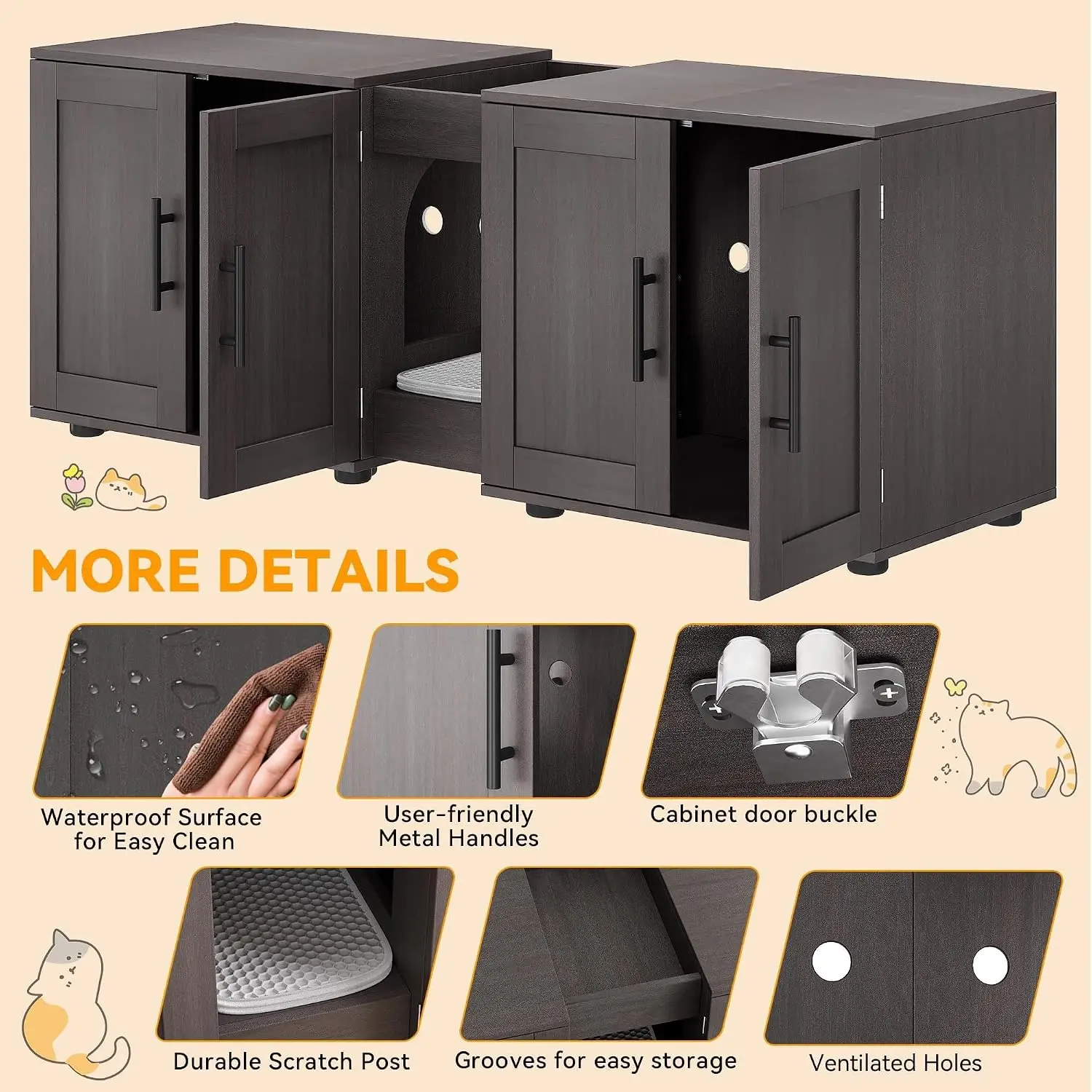 Garvee Hidden Litter Box Enclosure Furniture for 2 Cats Wooden Enclosed Storage Organizer Cat Litter Box Furniture Hidden Washroom Cat House Cat
