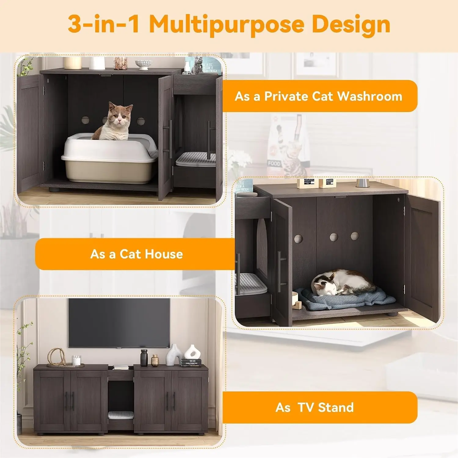 Garvee Hidden Litter Box Enclosure Furniture for 2 Cats Wooden Enclosed Storage Organizer Cat Litter Box Furniture Hidden Washroom Cat House Cat