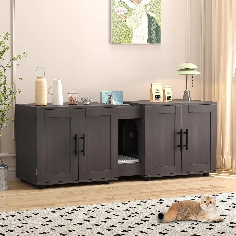 Garvee Hidden Litter Box Enclosure Furniture for 2 Cats Wooden Enclosed Storage Organizer Cat Litter Box Furniture Hidden Washroom Cat House Cat