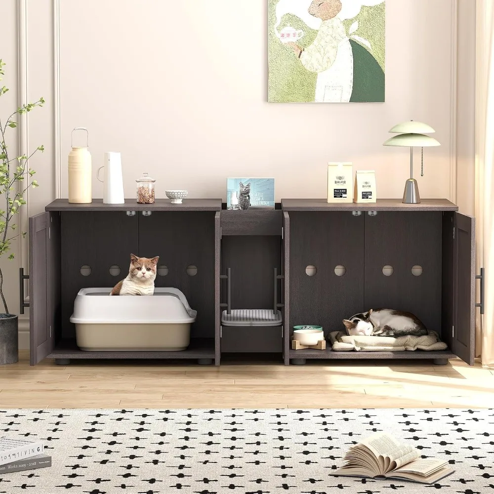 Garvee Hidden Litter Box Enclosure Furniture for 2 Cats Wooden Enclosed Storage Organizer Cat Litter Box Furniture Hidden Washroom Cat House Cat