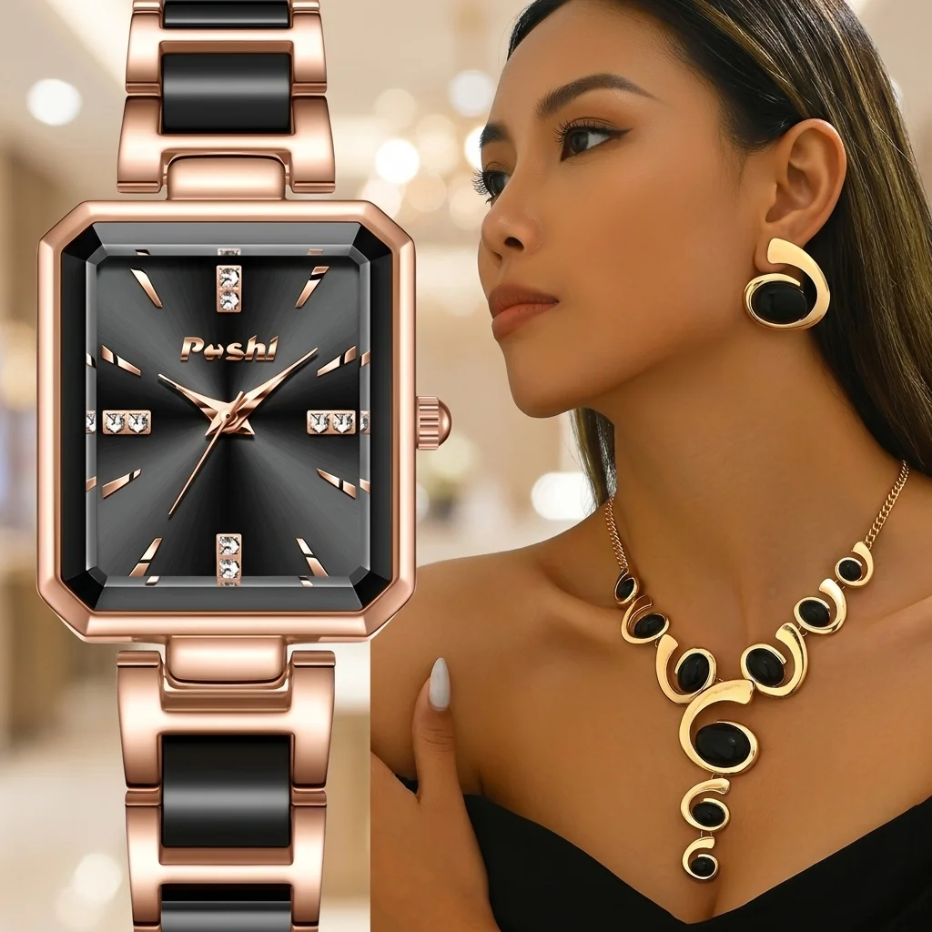 2PC(1 Quartz Watch+1 Long Wallet)Halloween Stylish Luxurious Business Casual Party Travel Boutique Elegant Women's Rectangular Tri-fold Wallet Perfect Gift
