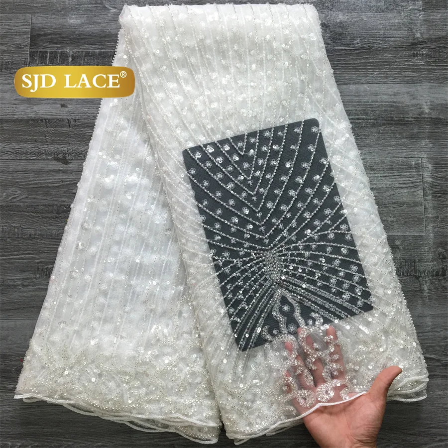 SJD LACE French Beaded Sequined Lace Fabric 5 Yards Nigerian Tulle Mesh Cloth For African Women Sewing Wedding Prom Party Evening Gown DIY Dress Material 3736