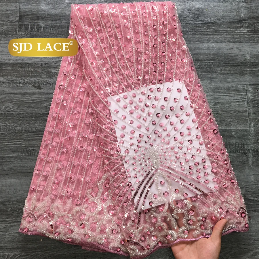 SJD LACE French Beaded Sequined Lace Fabric 5 Yards Nigerian Tulle Mesh Cloth For African Women Sewing Wedding Prom Party Evening Gown DIY Dress Material 3736