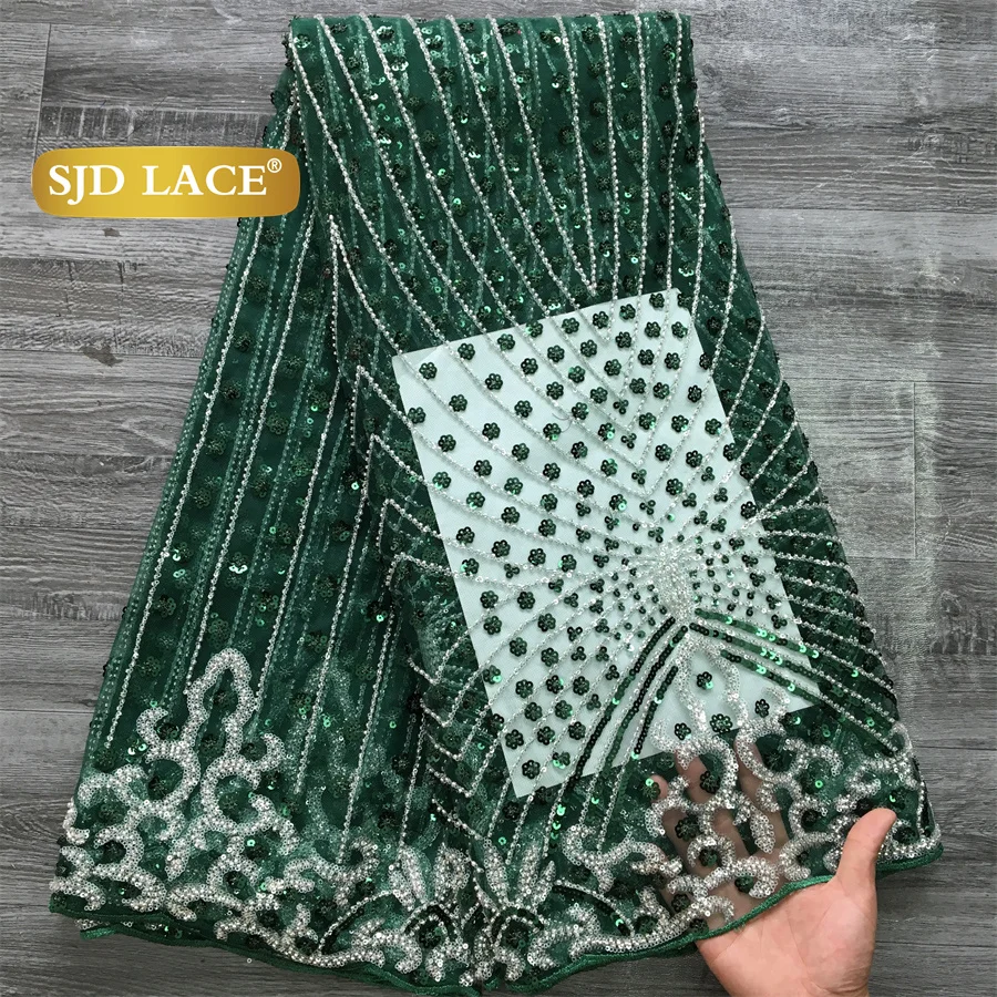 SJD LACE French Beaded Sequined Lace Fabric 5 Yards Nigerian Tulle Mesh Cloth For African Women Sewing Wedding Prom Party Evening Gown DIY Dress Material 3736